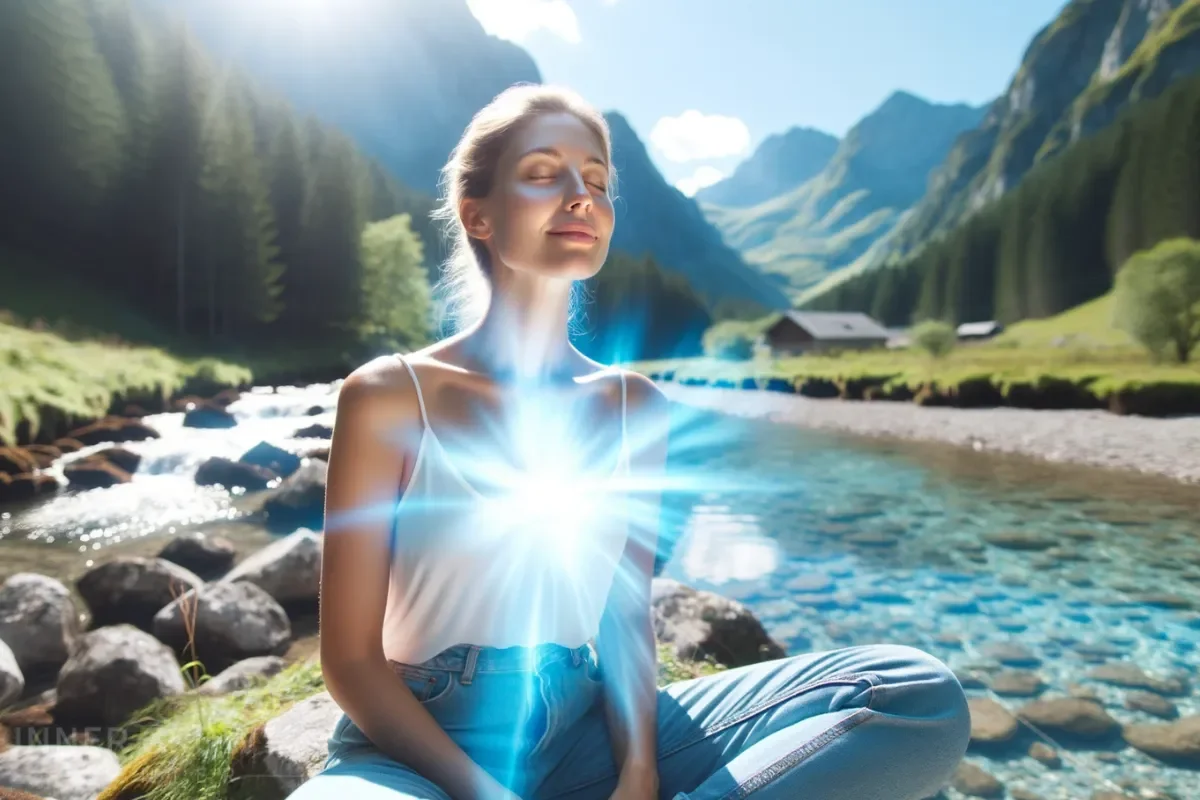 A woman sitting peacefully beside a mountain river with a soft glow of light at her chest.