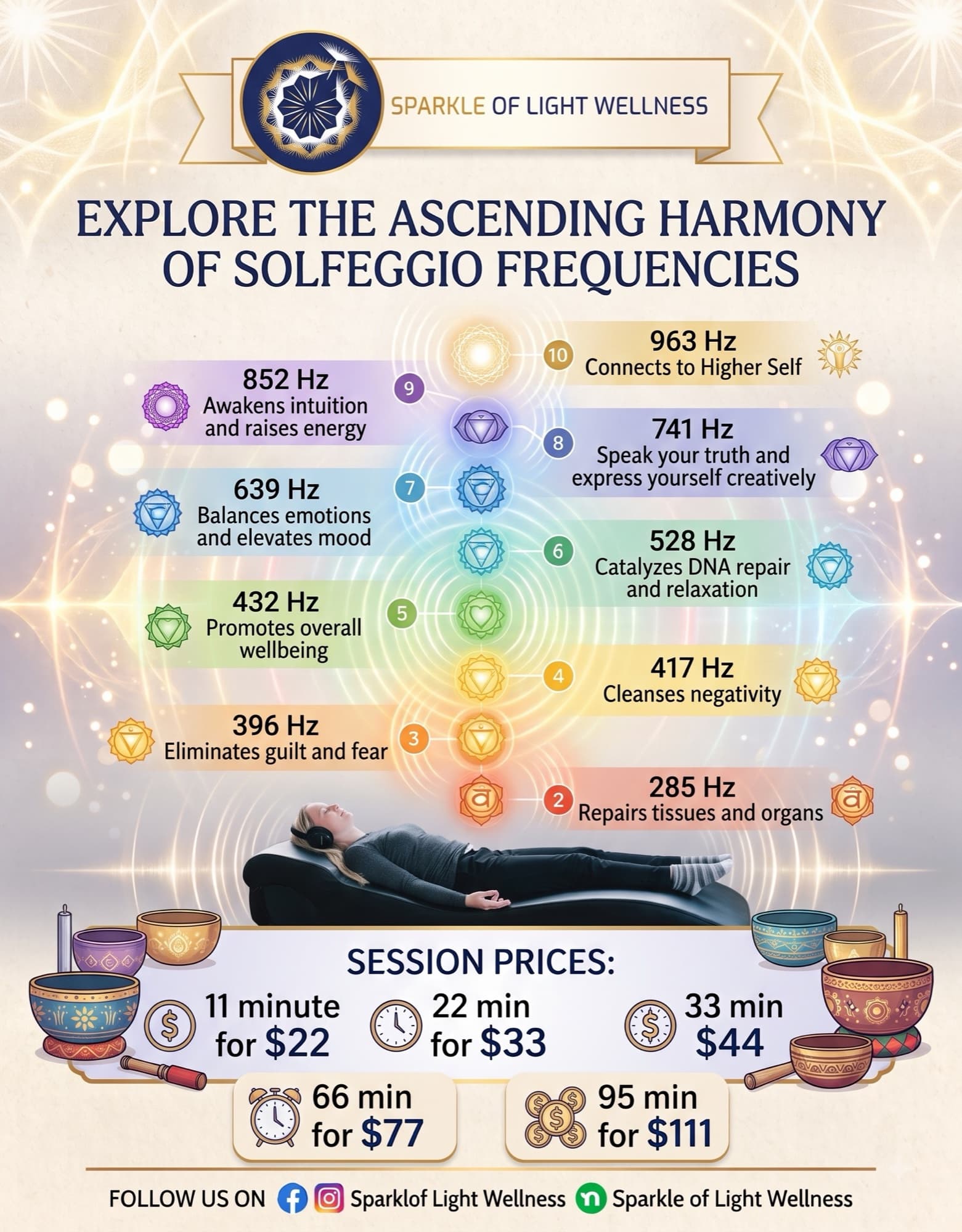 The studio's Sound Lounge flyer, singing bowls framing a list of session prices from 11 minutes at $22 to 95 minutes at $111.